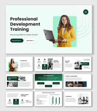 Professional Development Training slides with green theme, laptop woman image, icons, shapes and clean text layouts.