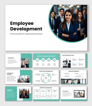 Employee Development slides with green theme, team image, icons, shapes and clean text layouts.