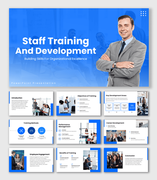 Staff Training And Development slides with blue theme, team image, icons, shapes and clear text sections.