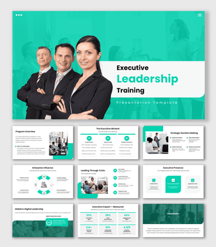 Executive Leadership Training slides with teal theme, team image, icons, shapes, and structured text sections.