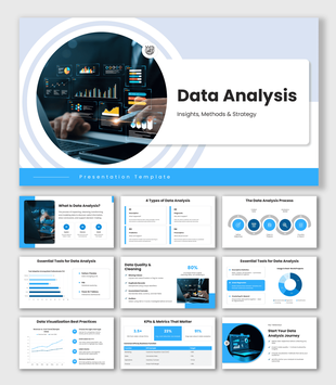 Analysis Of Data slides with blue theme, dashboard visuals, charts, shapes, and structured text sections.