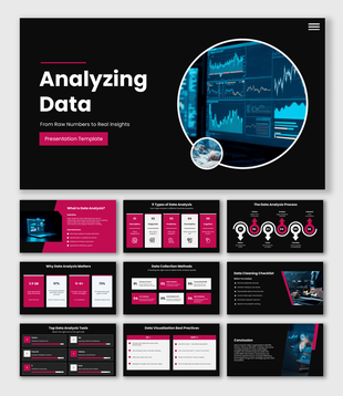 Analyzing Data slides with dark theme, dashboard visuals, charts, shapes, and structured text sections.