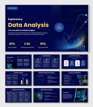 Exploratory Data Analysis slides with dark blue theme, charts, analytics visuals, and text sections.