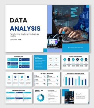 Data Analysis Presentation Example PowerPoint with blue infographic layouts and analytics dashboard visuals.