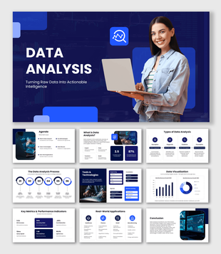 Data Analysis Presentation Example with blue infographic slides, dashboard visuals, and analytics layouts.