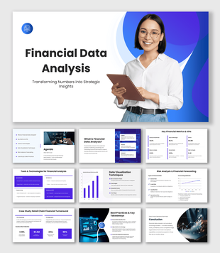 Financial Data Analysis presentation with KPI visuals, purple graphics, and modern business slide layouts.