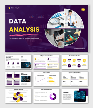 Data Analysis Presentation And Interpretation with purple infographic layouts and analytics dashboard visuals.