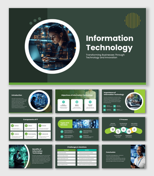 IT Information Technology presentation with green infographic layouts, tech visuals, and process slide designs.
