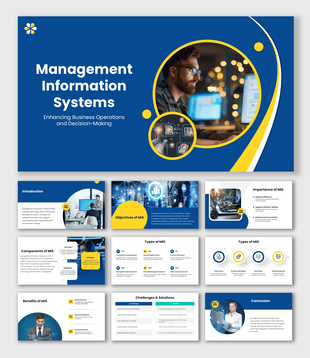 Management Information Systems presentation with blue yellow layouts, MIS icons, charts, and business visuals.