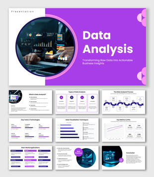 Data Analysis Presentation Template with purple infographic layouts and analytics dashboard visuals.