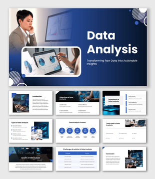 Data Analysis Presentation Sample with blue dashboard layouts, analytics visuals, and process workflow.