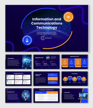 Information And Communications Technology presentation with blue orange layouts, ICT icons, and workflow visuals.