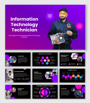 Information Technology Technician presentation with purple tech layouts, support visuals, and workflow slides.