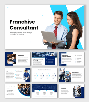 Franchise Consultant presentation with blue business layouts, teamwork visuals, and strategic process slides.