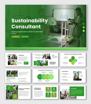 Sustainability Consultant presentation with green eco layouts, business visuals, and sustainability strategy slides.