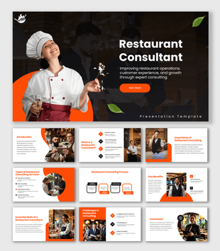Restaurant Consultant presentation with orange layouts, chef visuals, and restaurant strategy workflow slides.