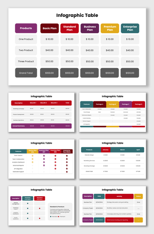 Simple Infographic Table with colorful pricing plans, gray cells, rounded layouts, and clean business data design.