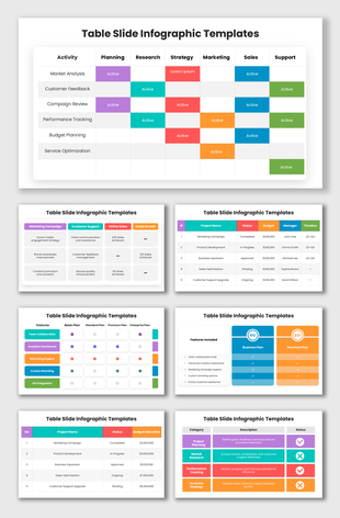 Table Slide Infographic Templates with colorful business tables, pricing grids, and clean comparison layouts.