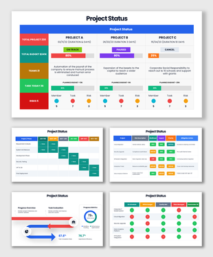 Different Status Of A Project with colorful progress bars, workflow tables, status labels, and KPI layouts.