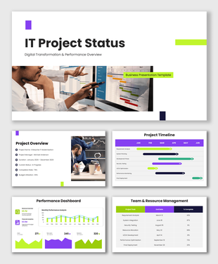 IT Project Status with colorful dashboards, timeline charts, task tables, and performance tracking layouts.