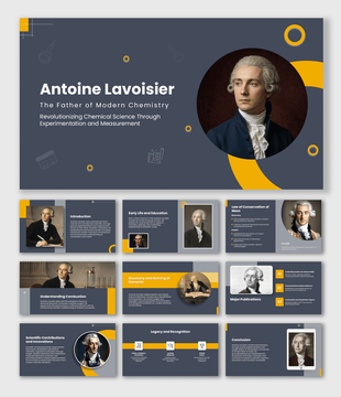Antoine Lavoisier presentation with gray-gold design, portraits, chemistry icons, timeline, and key discoveries.
