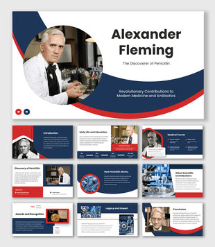 Alexander Fleming presentation with portrait, red-blue curves, penicillin discovery, timeline, awards, and legacy slides.