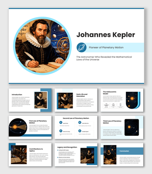 Johannes Kepler presentation with portrait, blue accents, planetary motion laws, orbit visuals, and legacy slides.