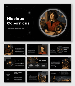 Nicolaus Copernicus presentation with dark theme, portrait, orbit graphics, heliocentric theory, and legacy slides.