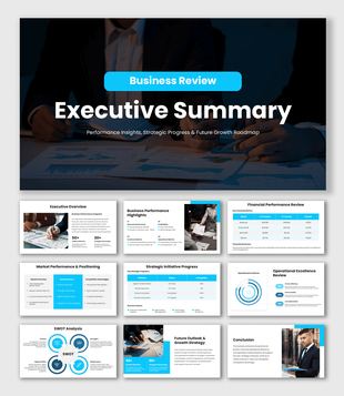 Business Review Executive Summary PowerPoint with blue KPI charts, SWOT analysis, and strategy slides.