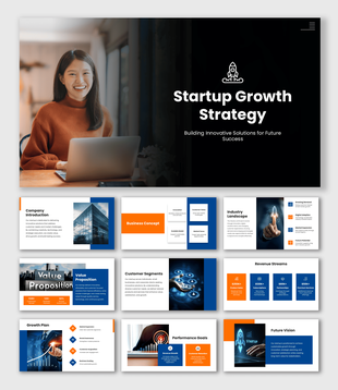 Startup Presentation PPT Example with blue-orange layouts, growth strategy, charts, images, and business slides.