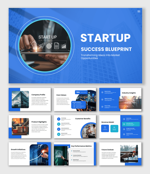 Startup PowerPoint Template with blue layouts, KPI metrics, revenue model, growth strategy, and visuals.