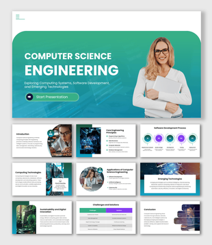 Computer Science Engineering with green-blue layouts, tech visuals, process diagrams, and learning slides.