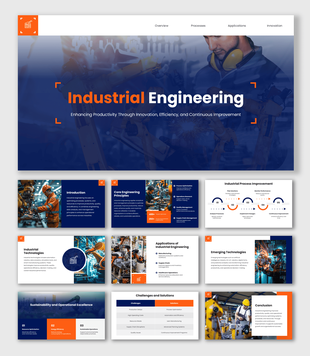 Industrial Engineering presentation with factory visuals, blue-orange layouts, workflow steps, and content slides.