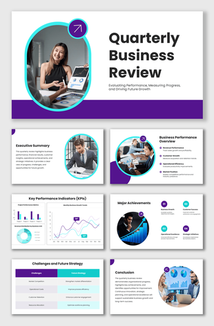 Quarterly Business Review Template PPT Download with purple-cyan layouts, business visuals, and review slides.