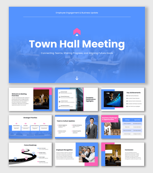 Town Hall Meeting PPT with blue-pink layouts, team visuals, business updates, roadmap, and recognition slides.