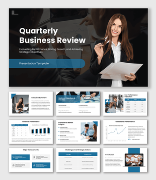 Quarterly Business Review with blue-gray layouts, business photos, KPI tables, insights, and content sections.