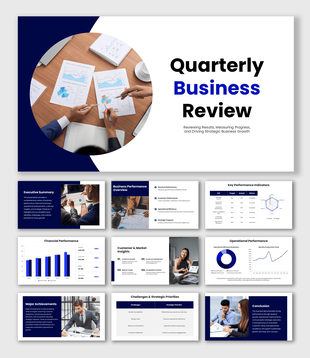 Quarterly Business Review Template PPT with blue-white layouts, business photos, KPI insights, and review slides.