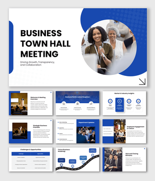 Business Town Hall Meeting with blue-white layouts, audience photos, roadmap, updates, and content sections.