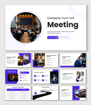 Company Town Hall Meeting with purple-white layouts, audience photos, roadmap, updates, and content sections.