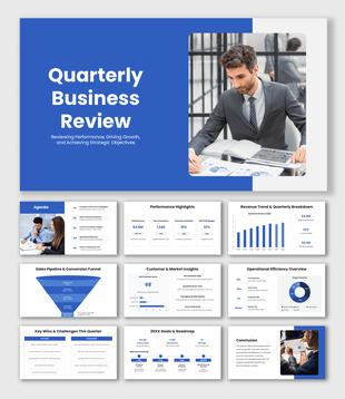 Quarterly Performance Review Template PPT with blue layouts, business photos, KPI metrics, funnel, and roadmap.