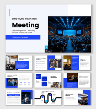 Employee Town Hall Meeting with blue-white layouts, audience photos, roadmap, updates, and content sections