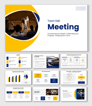 Town Hall Meeting Presentation with blue-yellow shapes, audience photos, company updates, achievements, and Q&A.