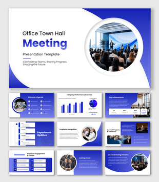 Office Town Hall Meeting with blue-white design, audience photos, company updates, employee recognition, and Q&A.