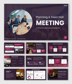 Planning a Town Hall Meeting with purple-pink design, team photos, agenda planning, engagement, and communication.