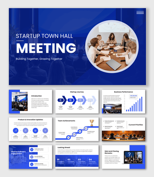 Town Hall Meeting Startup with blue theme, team photos, growth roadmap, achievements, innovation, and updates.