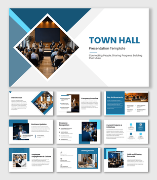 Town Hall Presentation with blue-gray geometric shapes, diamond audience photo, business updates, and engagement.
