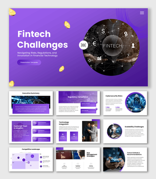 Fintech Challenges presentation with purple theme, fintech icons, gold coins, cybersecurity visuals, and digital finance.