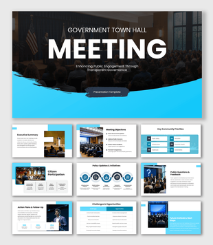 Government Town Hall Meeting with speaker stage, audience, blue wave graphics, and public engagement visuals.