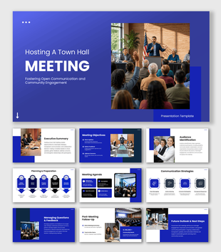Hosting A Town Hall Meeting with speaker, audience, blue geometric design, and community engagement visuals.