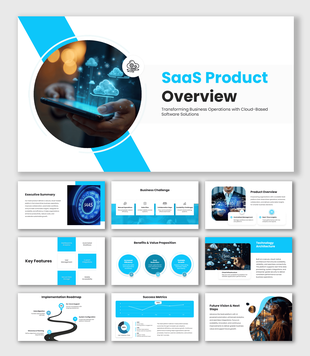 Saas Product Presentation with cloud icons, smartphone graphic, blue geometric design, and software visuals.